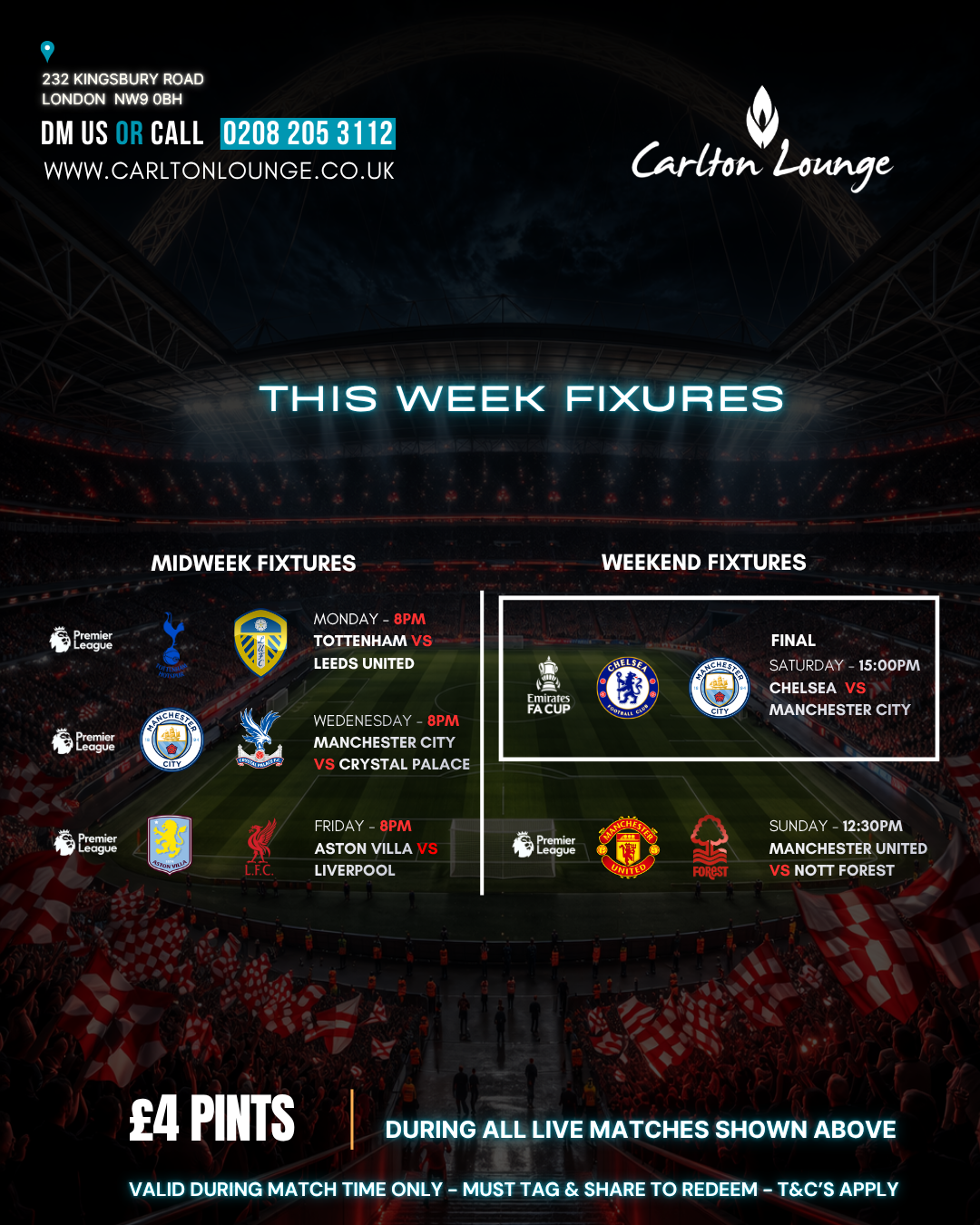 This Week's Sport Fixtures at Carlton Lounge Kingsbury NW9